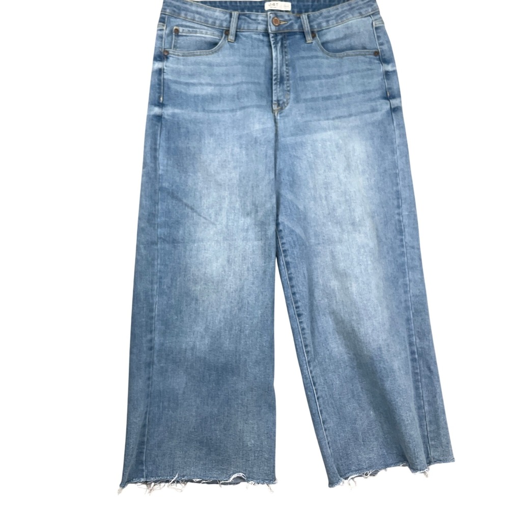 OAT NY Jeans Womens 12/31 Blue Wide Leg Crop Fray Hem Stonewash Comfort Stretch